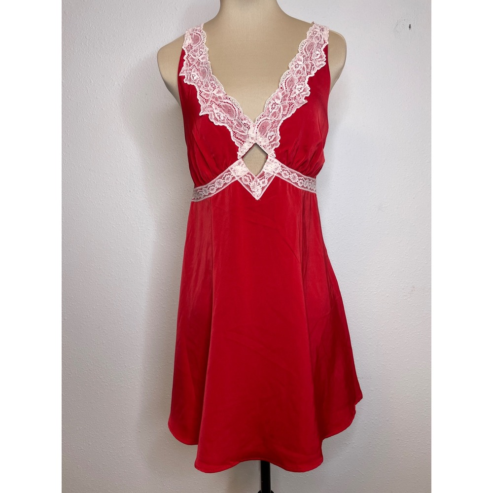 Women Slip Dress Y2K Lace Trim Cutout Mini XS Red Coquette Romantic